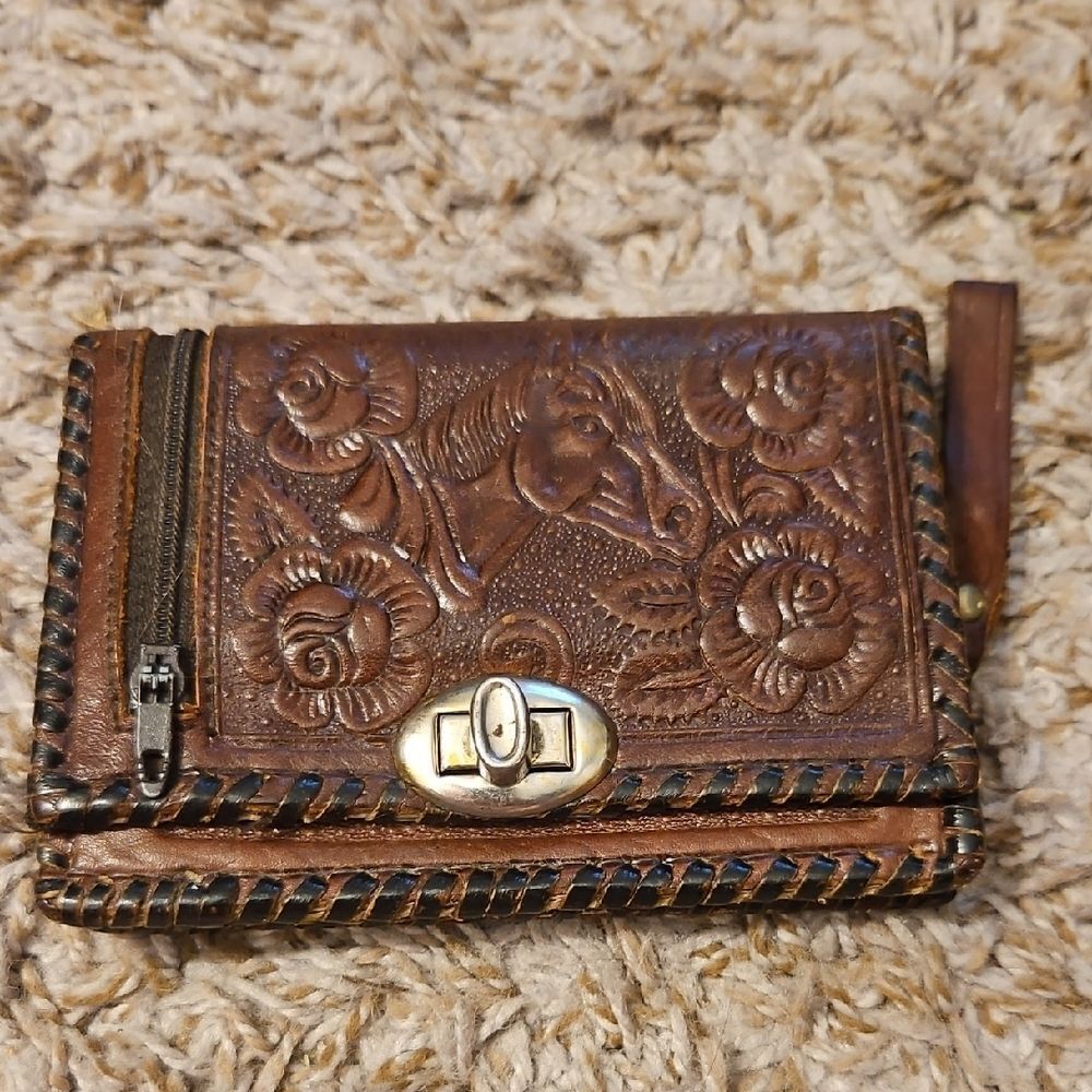 Vintage Tooled Leather Wallet Made in Mexico Horse Floral Western Cowgirl
